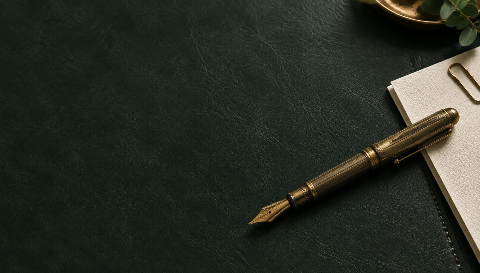 Antique brass fountain pen on a forest green writing surface
